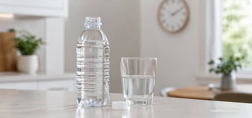 Opened bottled water left unrefrigerated at room temperature beside a glass, illustrating how long bottled water lasts after opening.