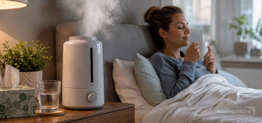 Humidifier releasing cool mist beside a woman resting in bed, illustrating humidifier use for sinus problems and congestion relief.