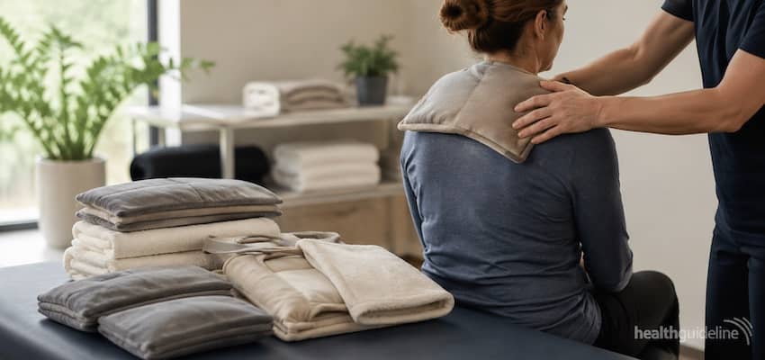 Hydrocollator moist heat packs applied to the neck and shoulders during a therapeutic heat treatment session.