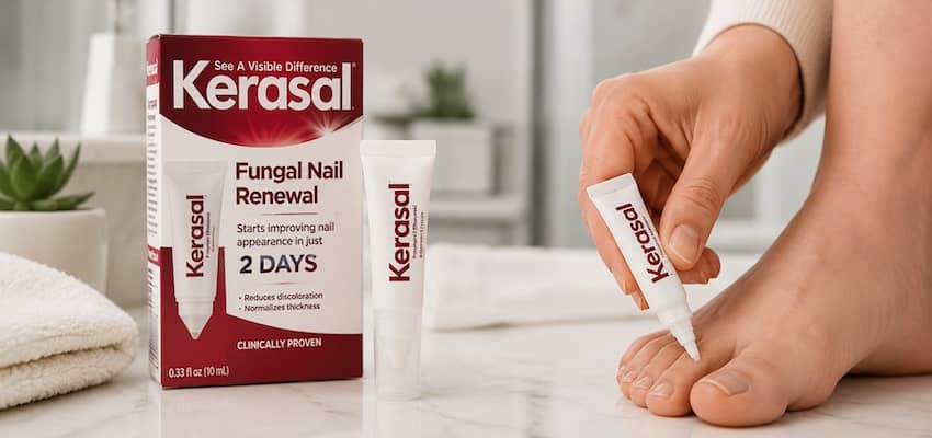 Kerasal Fungal Nail Renewal product beside a person applying nail solution to a toenail