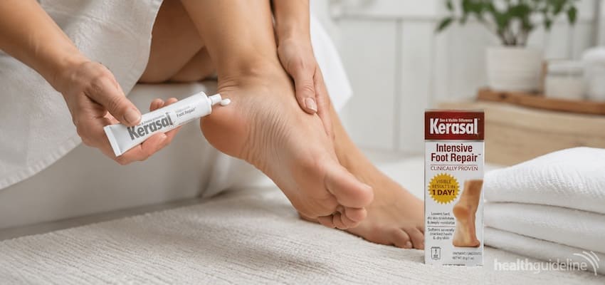 Person applying Kerasal Intensive Foot Repair ointment to a dry heel, with the Kerasal product package visible beside the foot.