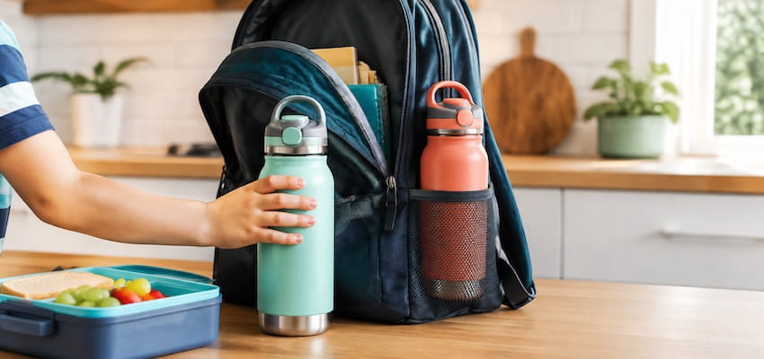 Two colorful insulated water bottles beside a child's school backpack and lunchbox