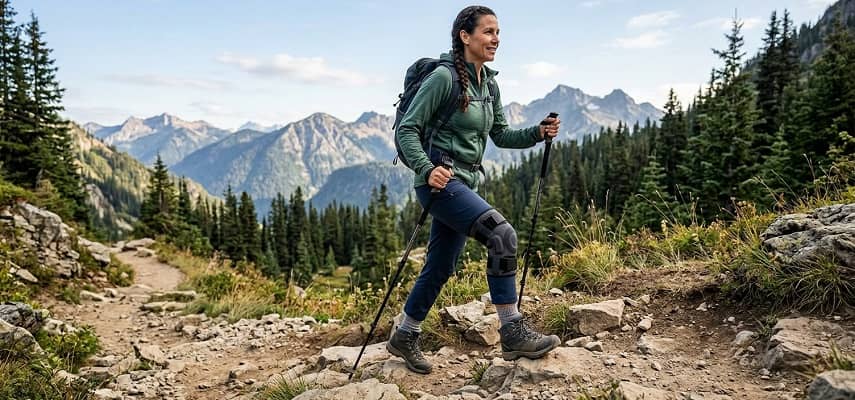 A female hiker with a backpack and trekking poles hikes up a rocky mountain trail while wearing a supportive knee brace.