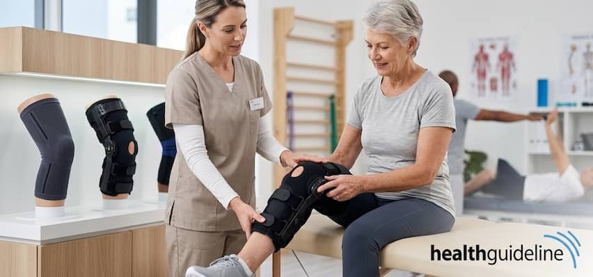 Physical therapist helping a senior woman fit a supportive hinged knee brace for osteoarthritis in a modern clinic.