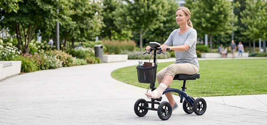 A woman with a bandaged lower leg using a modern blue knee scooter on a paved park pathway on a bright, sunny day.