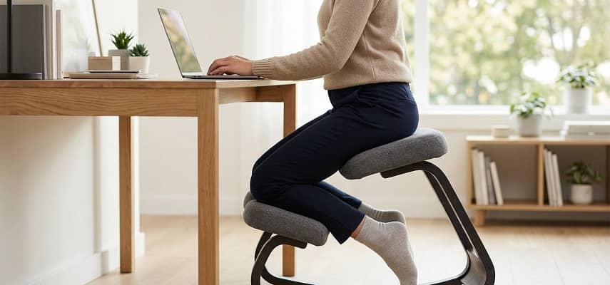 A woman using a grey, wooden ergonomic kneeling chair to type on a laptop in a modern home office with a minimalist oak desk.