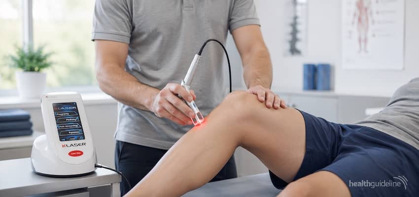 Physical therapist applying K-Laser therapy to a patient’s knee using a handheld therapeutic laser device in a clinical setting.