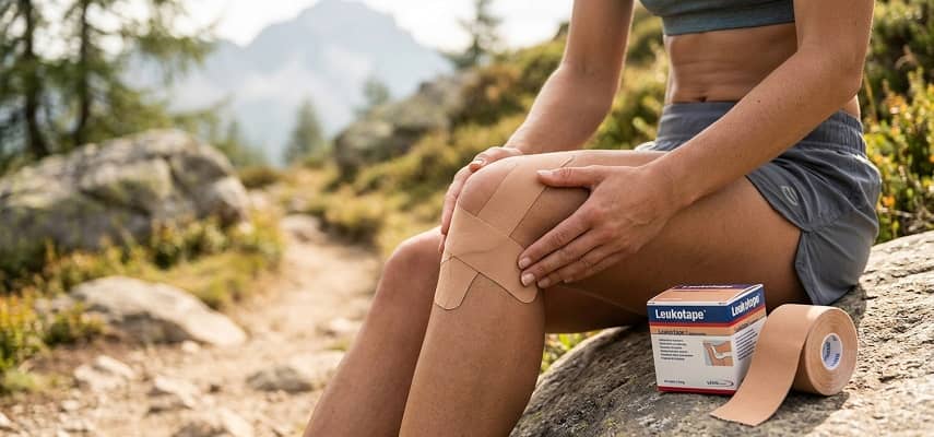 A close-up photograph of a hiker's knee, where the tan rigid therapeutic tape is carefully applied around the patella in a specific pattern, set against a blurred background of a dirt trail and natural mountain vegetation, demonstrating the tape in its intended functional context.