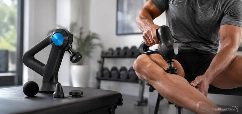 Athlete using a Theragun percussion massage device on his leg, with another massage gun and attachments displayed nearby for comparison.