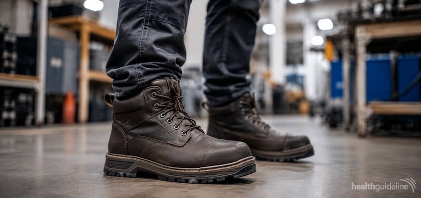 Worker standing in a workshop wearing durable steel toe work boots designed for comfort during long hours on their feet.