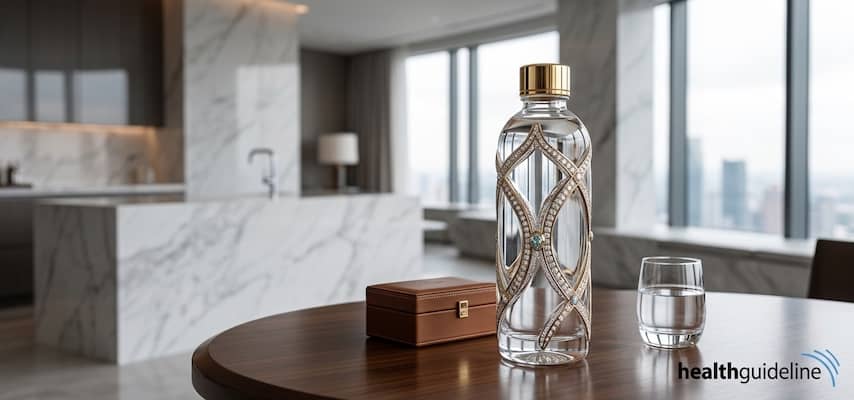 Luxury water bottle with gold cap and intricate design on a table in a modern kitchen.