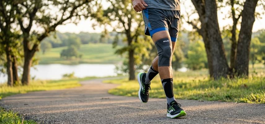 Runner wearing a supportive Mueller knee brace on a park path, providing joint support and stability for outdoor activities.