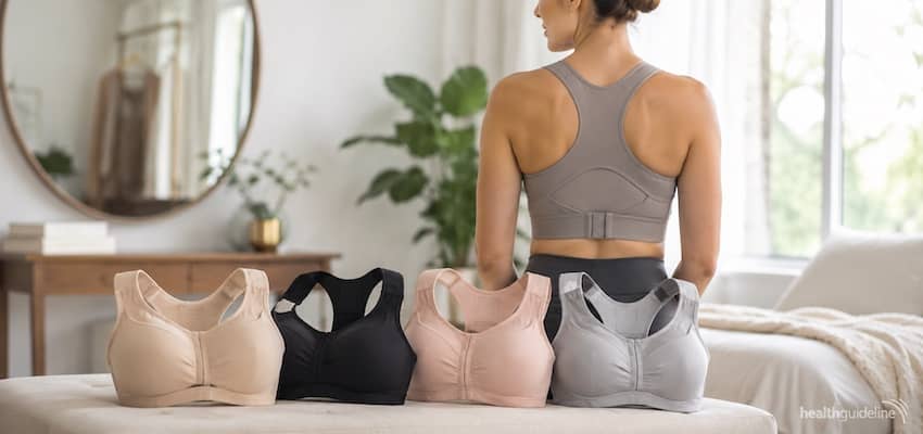 Woman wearing a posture correction bra with supportive back panels, with several neutral-colored posture bras displayed in a bright, modern wellness setting.