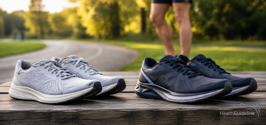 Two pairs of running shoes displayed beside a park path, comparing neutral and stability shoe designs for different support needs.