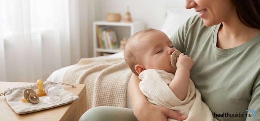 Mother holding sleeping newborn baby using a natural silicone soothing pacifier with extra pacifiers on a wooden nursery table.