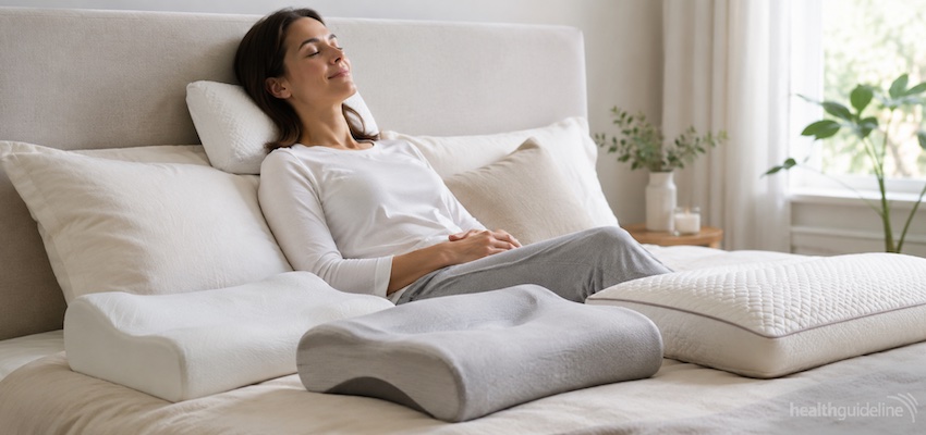 Woman relaxing in a peaceful bedroom with supportive contour pillows designed for neck and shoulder comfort.