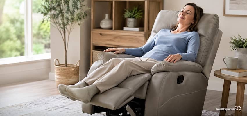 Woman relaxing in a supportive recliner with an elevated footrest in a bright living room, designed to provide comfort and help reduce back pain.