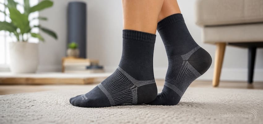 Close-up of feet wearing supportive compression socks for plantar fasciitis in a bright, modern home setting.