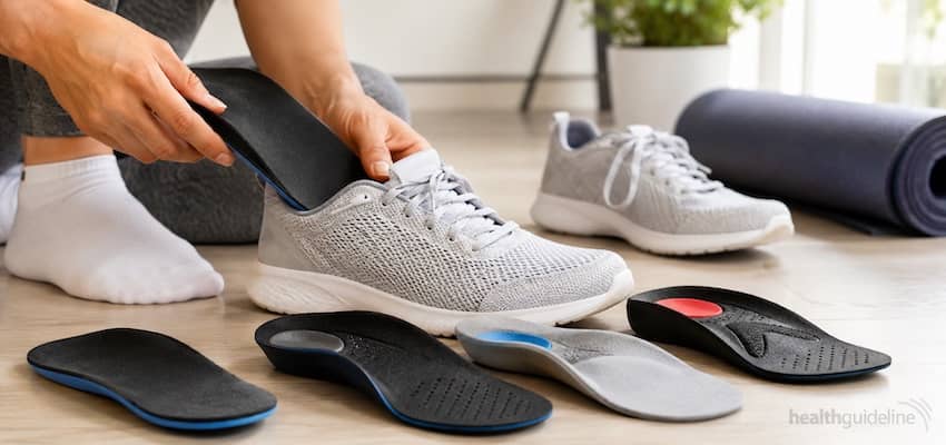 Person placing a supportive orthotic insole into an athletic shoe with several plantar fasciitis insoles displayed nearby.