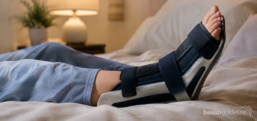 Person resting in bed while wearing a plantar fasciitis night splint that keeps the foot gently flexed for overnight support.