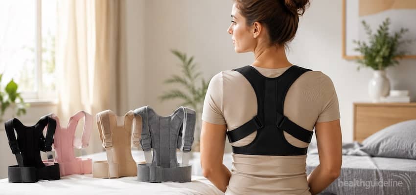 Woman wearing a black posture corrector brace over a light shirt, with several adjustable posture support braces displayed in a bright bedroom setting.