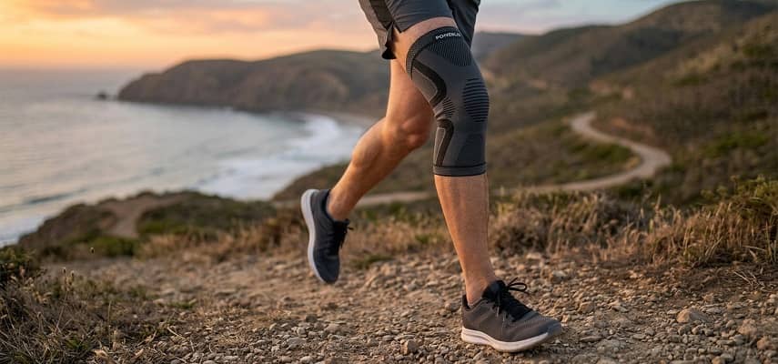 Close-up of a runner's leg on a coastal trail at sunset, wearing a Powerlix compression knee sleeve and gray running shoes.