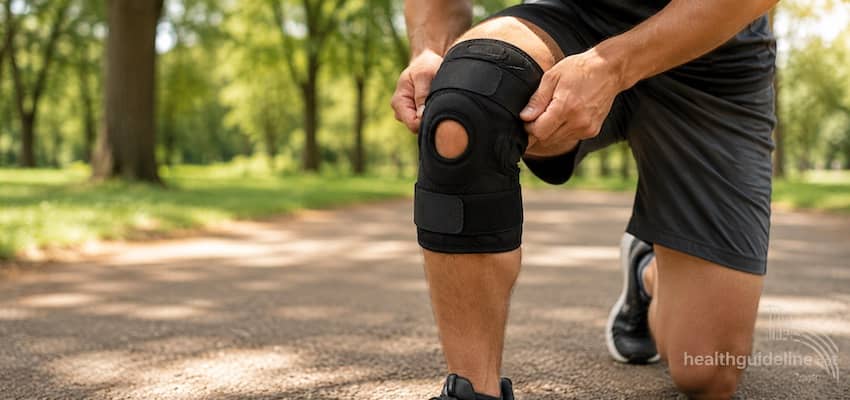 Man adjusting a black knee brace for quadriceps tendinitis support during a home workout.