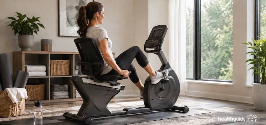 Woman using a recumbent exercise bike at home for a comfortable low-impact cardio workout and fitness training.
