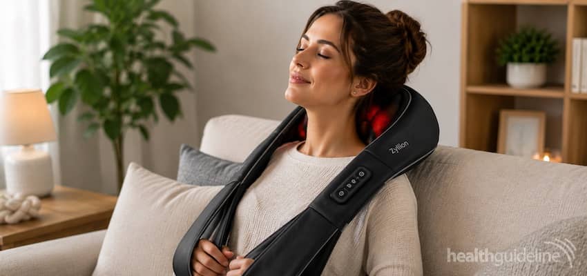 Woman relaxing on a sofa while using a Zyllion Shiatsu back and neck massager with heated massage nodes.