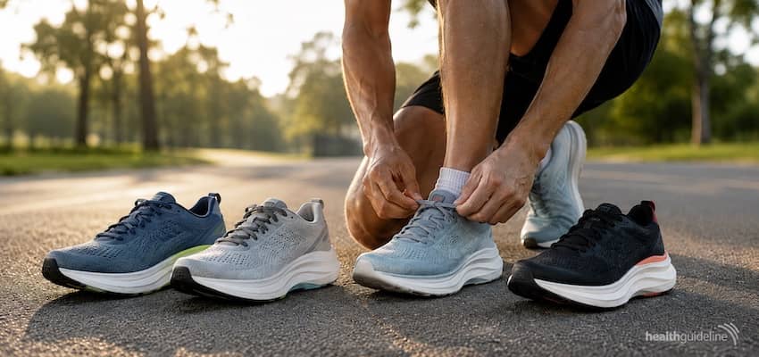 Runner tying cushioned running shoes beside several unbranded options on a sunlit park path, highlighting supportive footwear for supination.