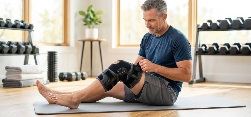 Close-up photo of a person wearing the black Shock Doctor Ultra Knee Support with bilateral hinges for joint stabilization.