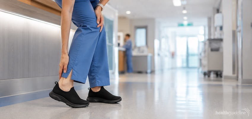 Nurse in blue scrubs wearing cushioned supportive shoes while holding her heel in a hospital corridor, highlighting footwear for plantar fasciitis relief.