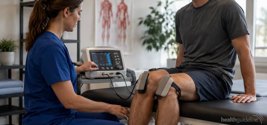 Physical therapist applying short wave diathermy treatment to a patient’s knee using therapeutic pads and a clinical therapy device.