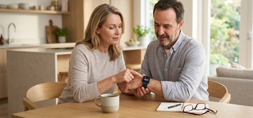 A middle-aged man sits at a light-colored wooden table, and a woman points to a smartwatch on his wrist that displays a blood pressure reading of 128/84.