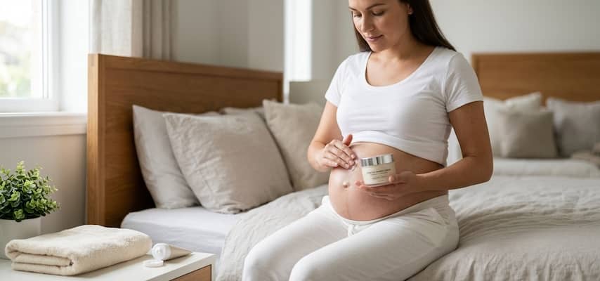 A pregnant woman sits on a bed and applies Advanced Stretch Mark Cream to her belly to prevent stretch marks.