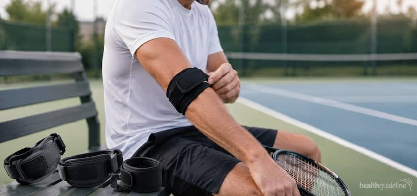 Tennis player adjusting a tennis elbow brace on the forearm while sitting courtside with several elbow support straps and a racket nearby.