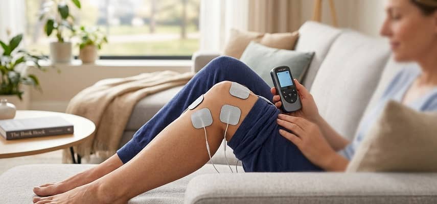 A close-up photograph focuses on a woman's legs while she operates a handheld TENS unit.