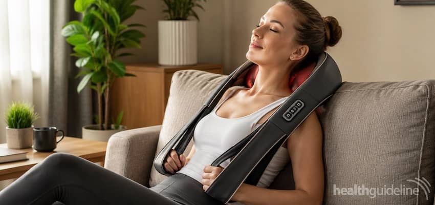 Woman relaxing on a sofa while using a neck and shoulder massager for back and neck pain relief.