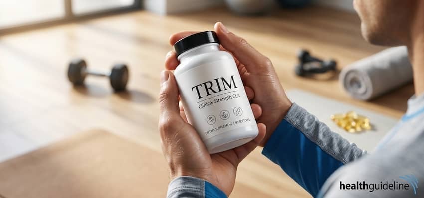 A close-up of a person holding a white bottle labeled 'TRIM Clinical Strength CLA' with both hands. The background is a blurred fitness studio with dumbbells on a wooden floor.