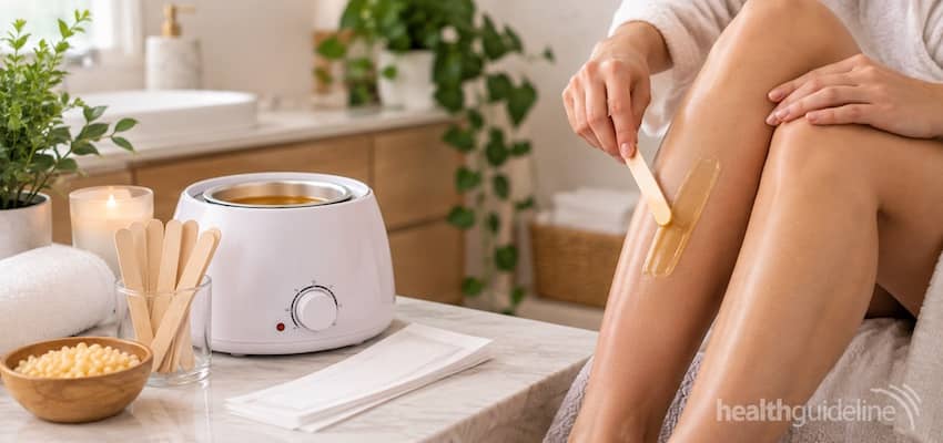 Woman applying wax to her leg beside a wax warmer and hair removal kit for at-home waxing.