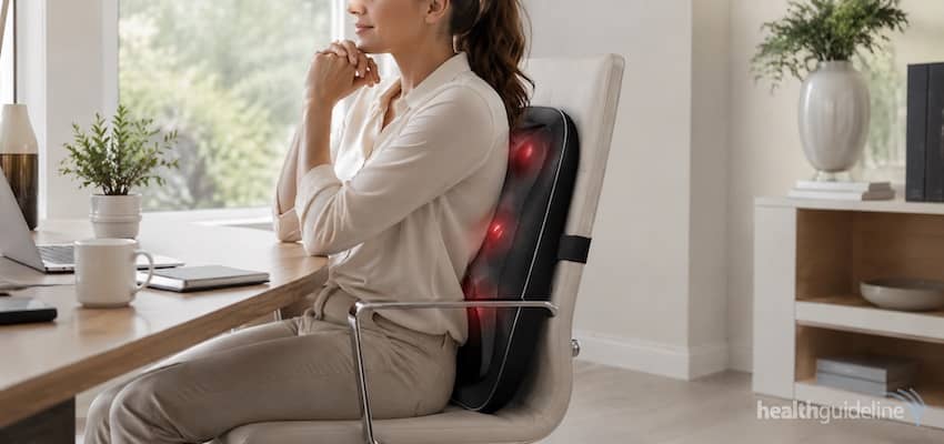 Woman using a back massager for a chair while seated at a home office desk, with heated massage nodes positioned along her upper and lower back.