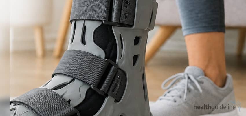 Person wearing a medical walking boot for a sprained ankle in a bright home setting, providing support and stability during recovery.