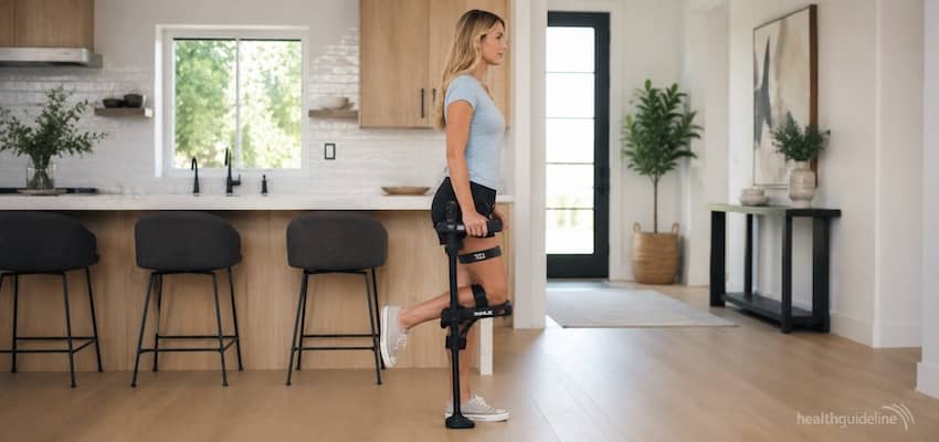 Woman using an iWALK hands-free crutch for lower-leg mobility support while walking inside a modern home.