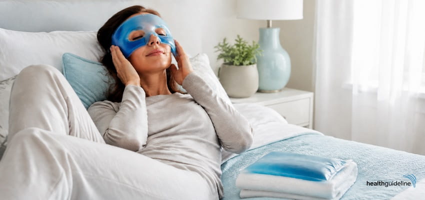 Woman relaxing with a reusable blue gel ice pack mask on her face